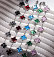 铭媛珠宝绿色镶嵌贝母俄罗斯585手环14k金四叶草手链紫金